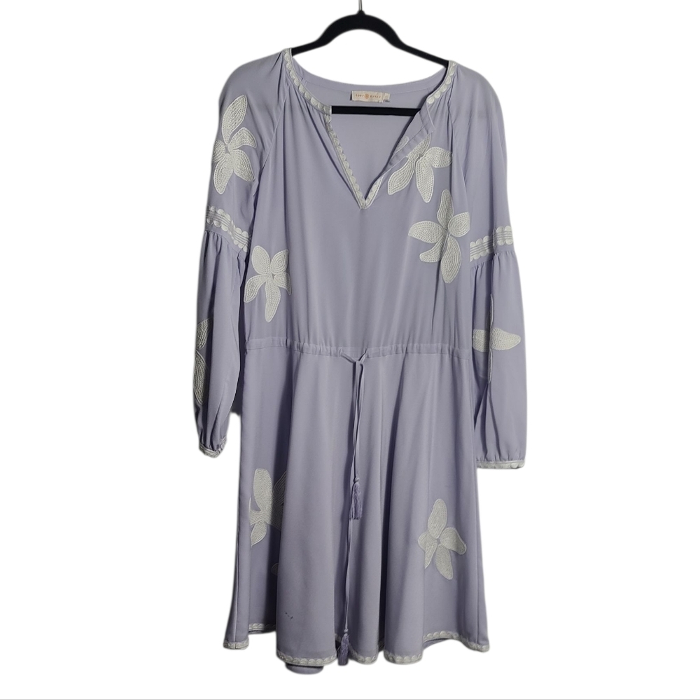 TORY BURCH Embroidered Sadie Floral Dress in Lilac Flowy Tie Waist Size 4